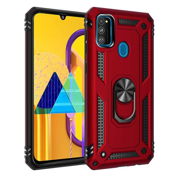Jopus Galaxy M31 ile Uyumlu Yüzüklü Standlı Zırhlı Silikon Kılıf Kırmızı