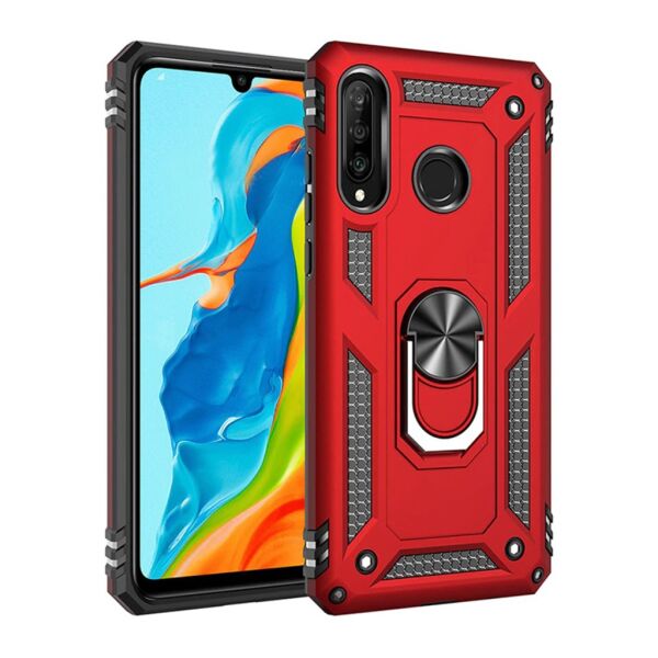Galaxy A20S ile Uyumlu Yüzüklü Standlı Zırhlı Silikon Kılıf Kırmızı