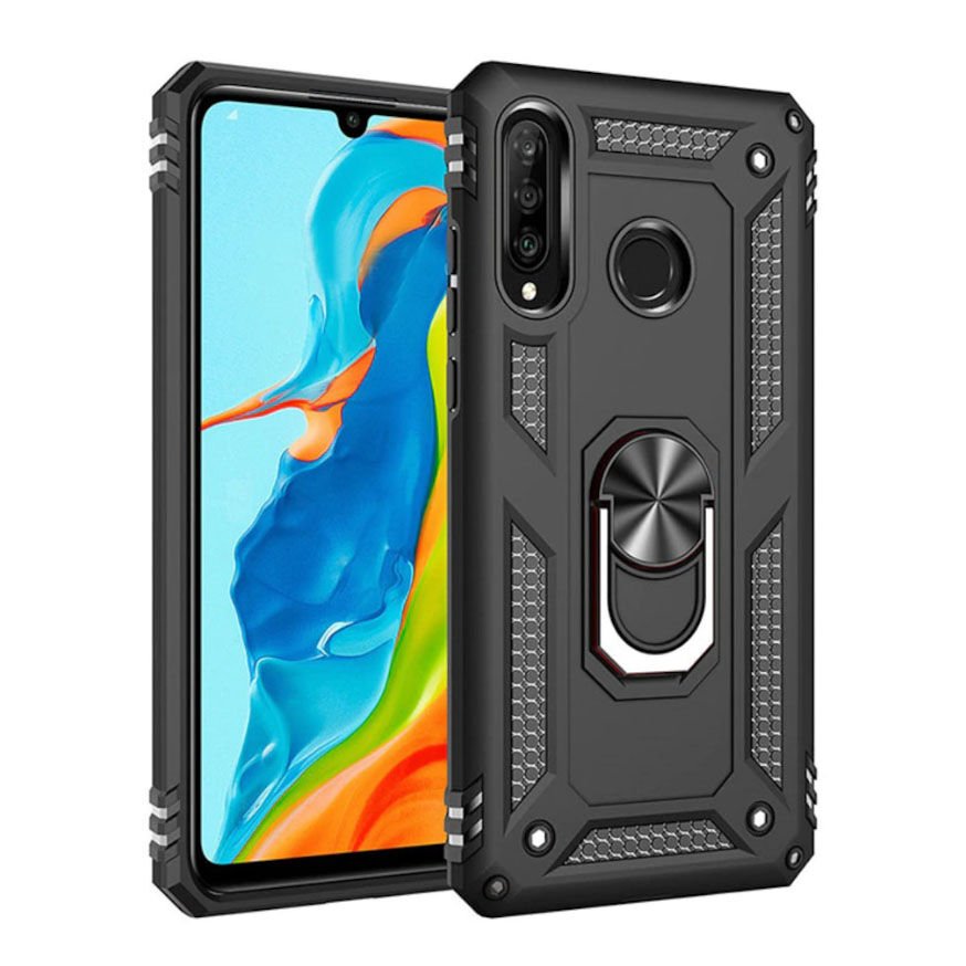 Jopus Galaxy A20S ile Uyumlu Yüzüklü Standlı Zırhlı Silikon Kılıf Siyah