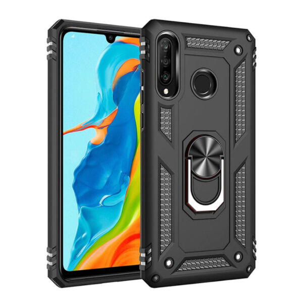 Jopus Galaxy A20S ile Uyumlu Yüzüklü Standlı Zırhlı Silikon Kılıf Siyah