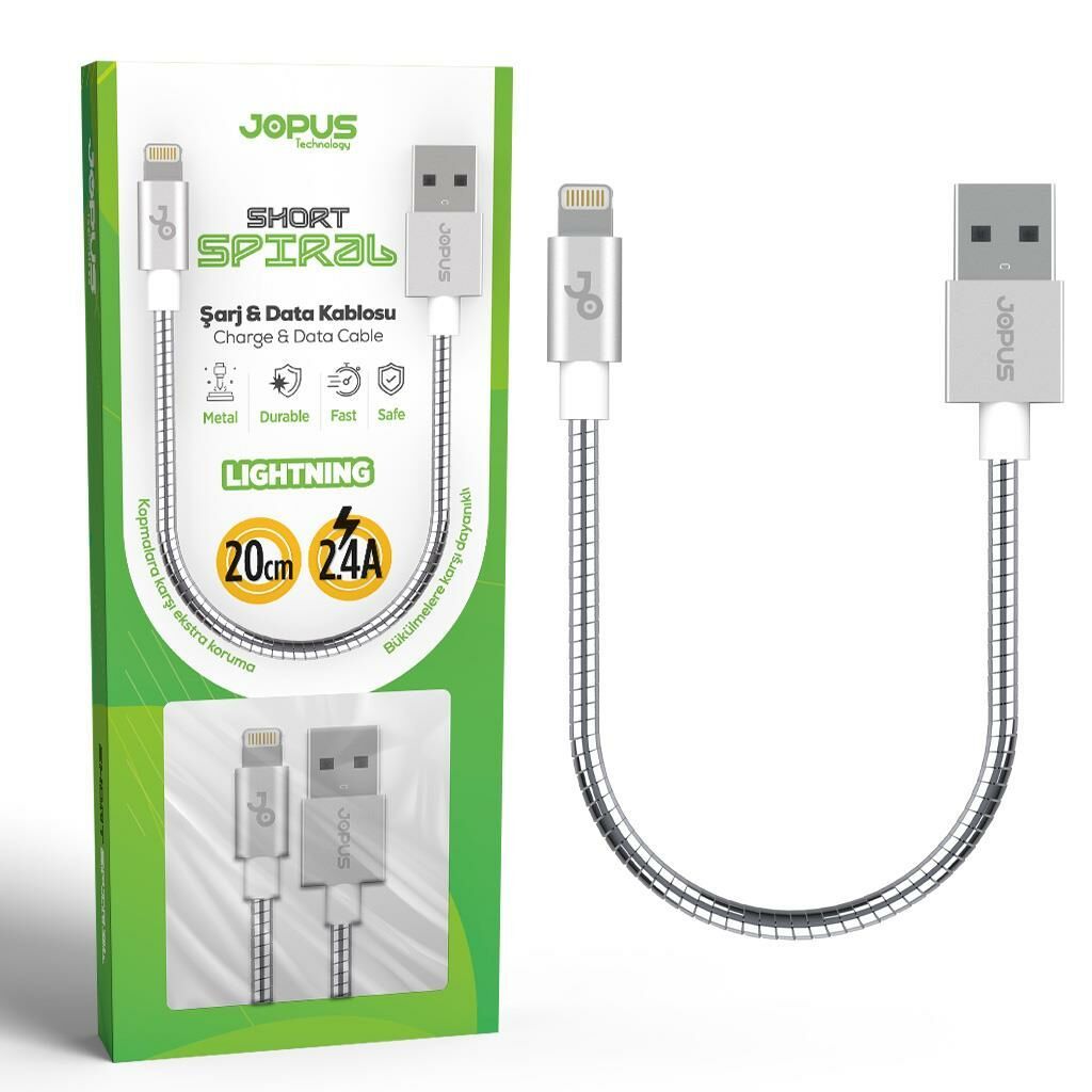 Jopus iPhone 7\7 Plus ile Uyumlu Data-Hızlı Şarj Kablosu Metal Gövdeli ve Başlı JO-DK5 20cm Short Spiral Gri