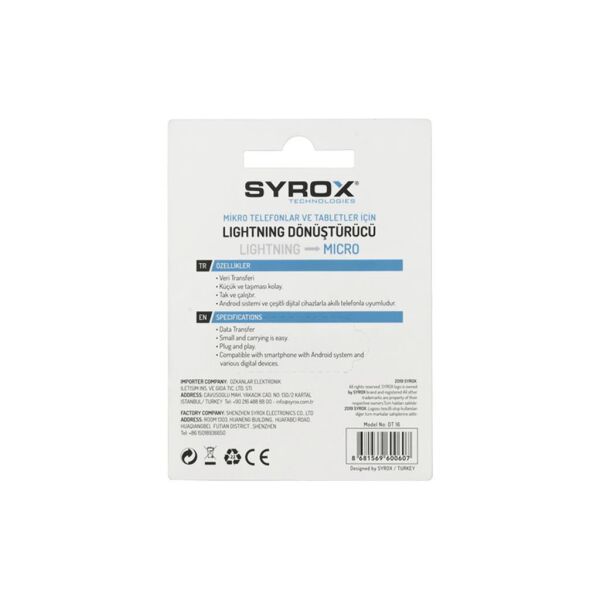 Syrox Lightning Micro USB Dönüştürücü DT16 Gümüş