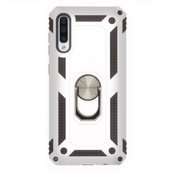 Galaxy A50 ile Uyumlu Yüzüklü Standlı Zırhlı Silikon Kılıf Gri