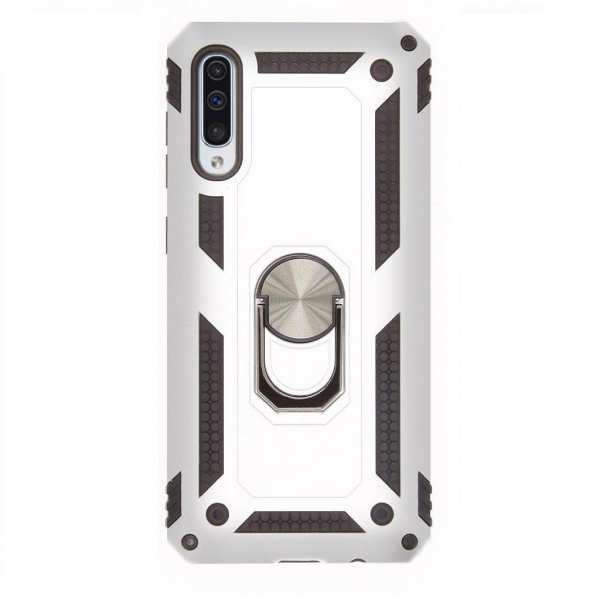 Galaxy A50 ile Uyumlu Yüzüklü Standlı Zırhlı Silikon Kılıf Gri