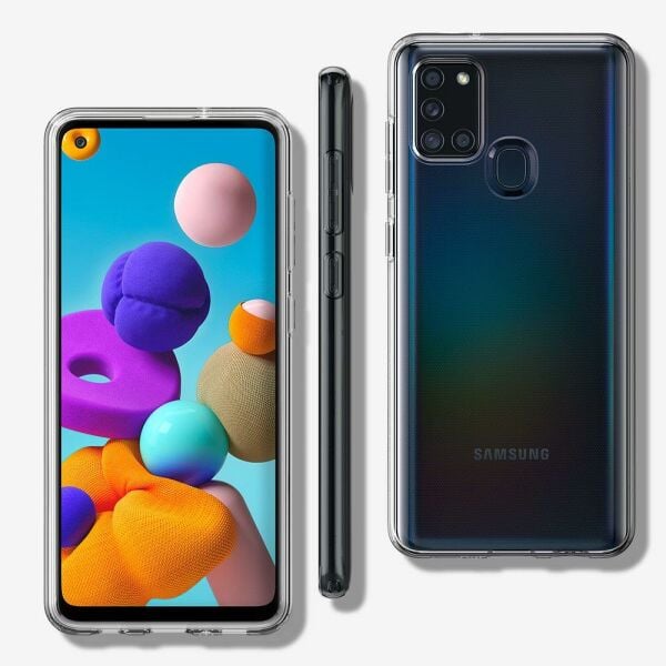 Spigen Galaxy A21s ile Uyumlu Kılıf Liquid Crystal 4 Tarafı Tam Koruma Crystal Clear