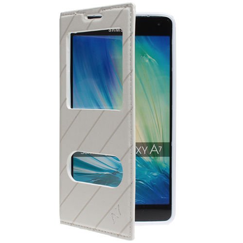 Galaxy A7 2015 ile Uyumlu Kılıf Yan Kapaklı Çift Pencereli Beyaz