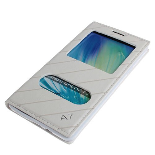 Galaxy A7 2015 ile Uyumlu Kılıf Yan Kapaklı Çift Pencereli Beyaz
