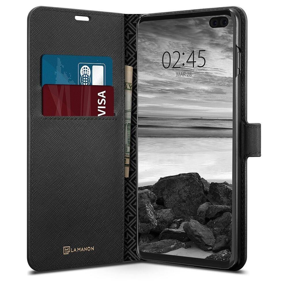 Spigen Galaxy S10 Plus ile Uyumlu Kılıf La Manon Wallet Saffiano Black