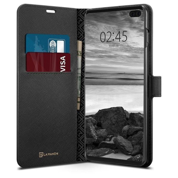 Spigen Galaxy S10 Plus ile Uyumlu Kılıf La Manon Wallet Saffiano Black