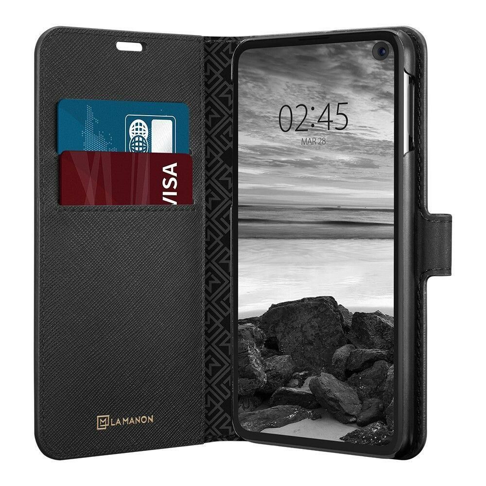 Spigen Galaxy S10e ile Uyumlu Kılıf La Manon Wallet Saffiano Black