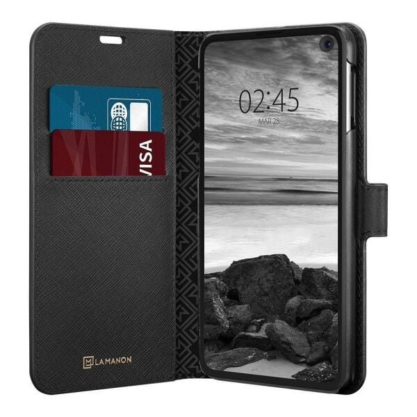 Spigen Galaxy S10e ile Uyumlu Kılıf La Manon Wallet Saffiano Black