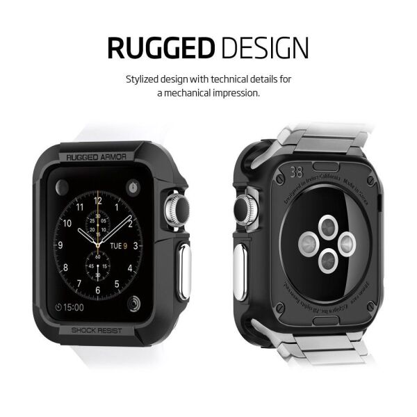 Spigen Apple Watch ile Uyumlu Kılıf Rugged Armor (Ekran Koruyuculu) (38mm) Black