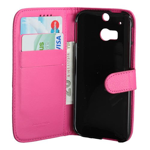 One M8 ile Uyumlu Deri Kılıf Yan Model Kartlıklı Cüzdanlı Pembe