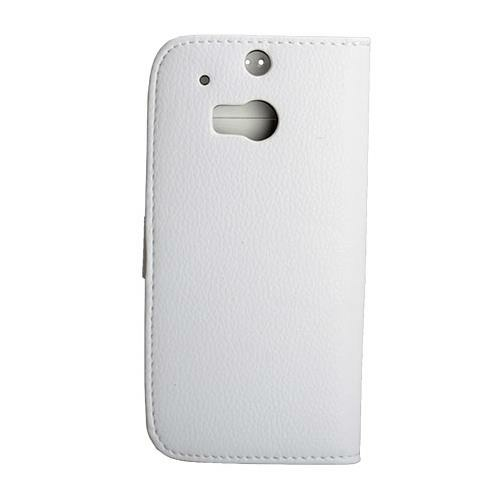 One M8 ile Uyumlu Deri Kılıf Yan Model Kartlıklı Cüzdanlı Beyaz