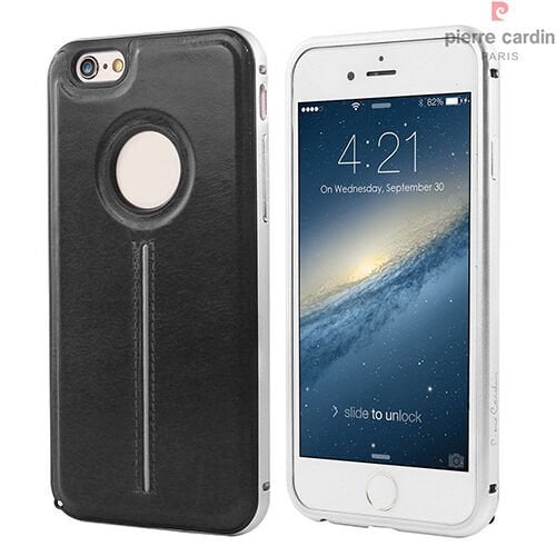 Pierre Cardin iPhone 6/6S ile Uyumlu Metal Çıtalı Arka Deri Kılıf Siyah PCT-P04