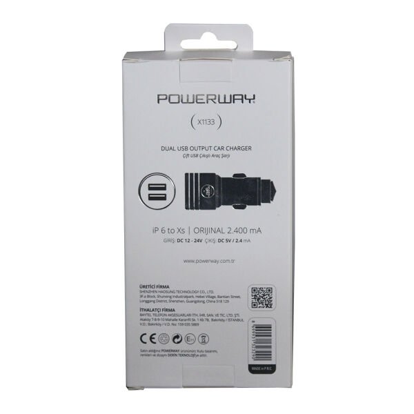 Powerway iPhone Hızlı Araç Şarj Cihazı 2.4A Çift Çıkışlı + 1M Kablo X1133