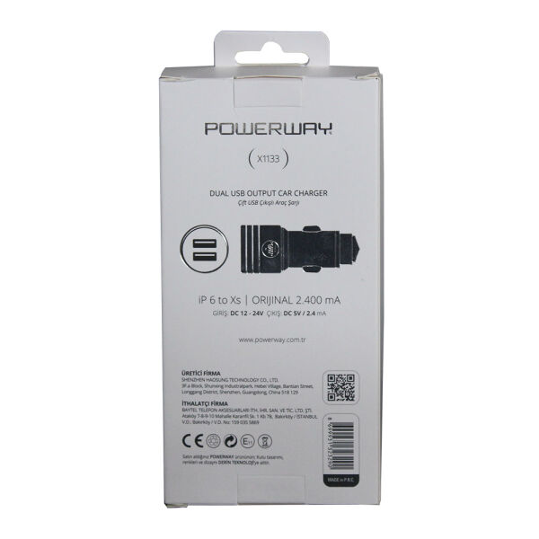 Powerway iPhone Hızlı Araç Şarj Cihazı 2.4A Çift Çıkışlı + 1M Kablo X1133