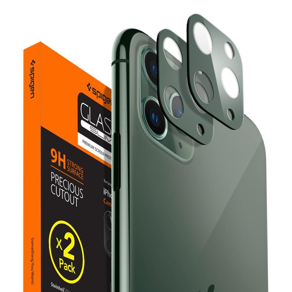 Spigen iPhone 11 Pro Max / 11 Pro ile Uyumlu Kamera Lens Cam Ekran Koruyucu Full Cover (2 Adet) Midnight Green
