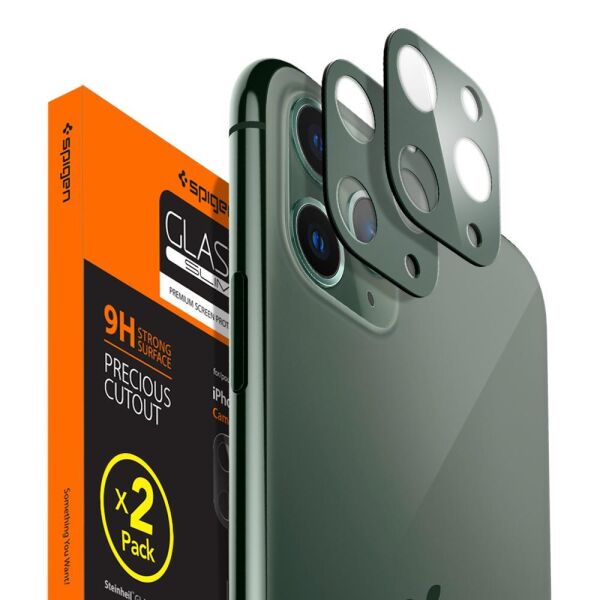 Spigen iPhone 11 Pro Max / 11 Pro ile Uyumlu Kamera Lens Cam Ekran Koruyucu Full Cover (2 Adet) Midnight Green