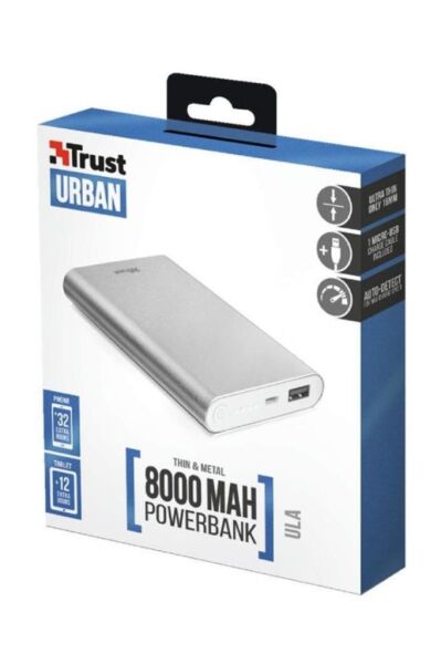 Trust Ula Thin Metal Powerbank 8000 mAh Taşınabilir Şarj Cihazı Gümüş