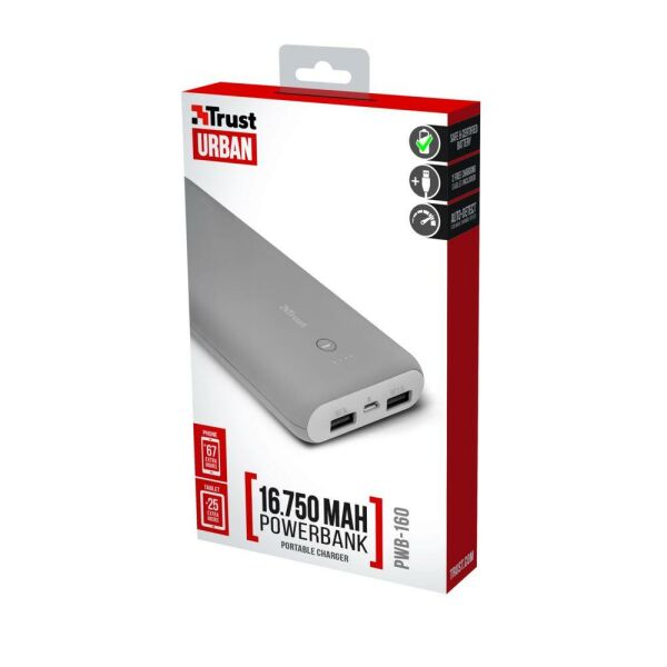 Trust Urban UR PWB-160 Slim Powerbank 16750 mAh Taşınabilir Şarj Cihazı Gri