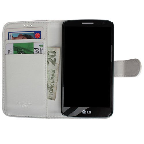 G2 Mini ile Uyumlu Yan Model Kartlıklı Deri Kılıf Beyaz