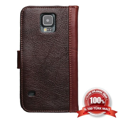 Galaxy S5 G900 ile Uyumlu Hakiki Deri Kapaklı Kılıf Kahverengi