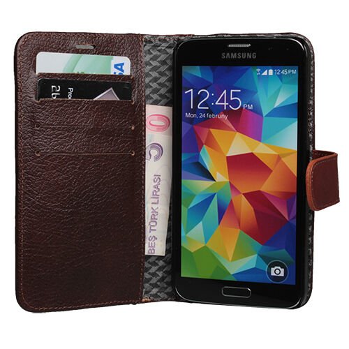 Galaxy S5 G900 ile Uyumlu Hakiki Deri Kapaklı Kılıf Kahverengi
