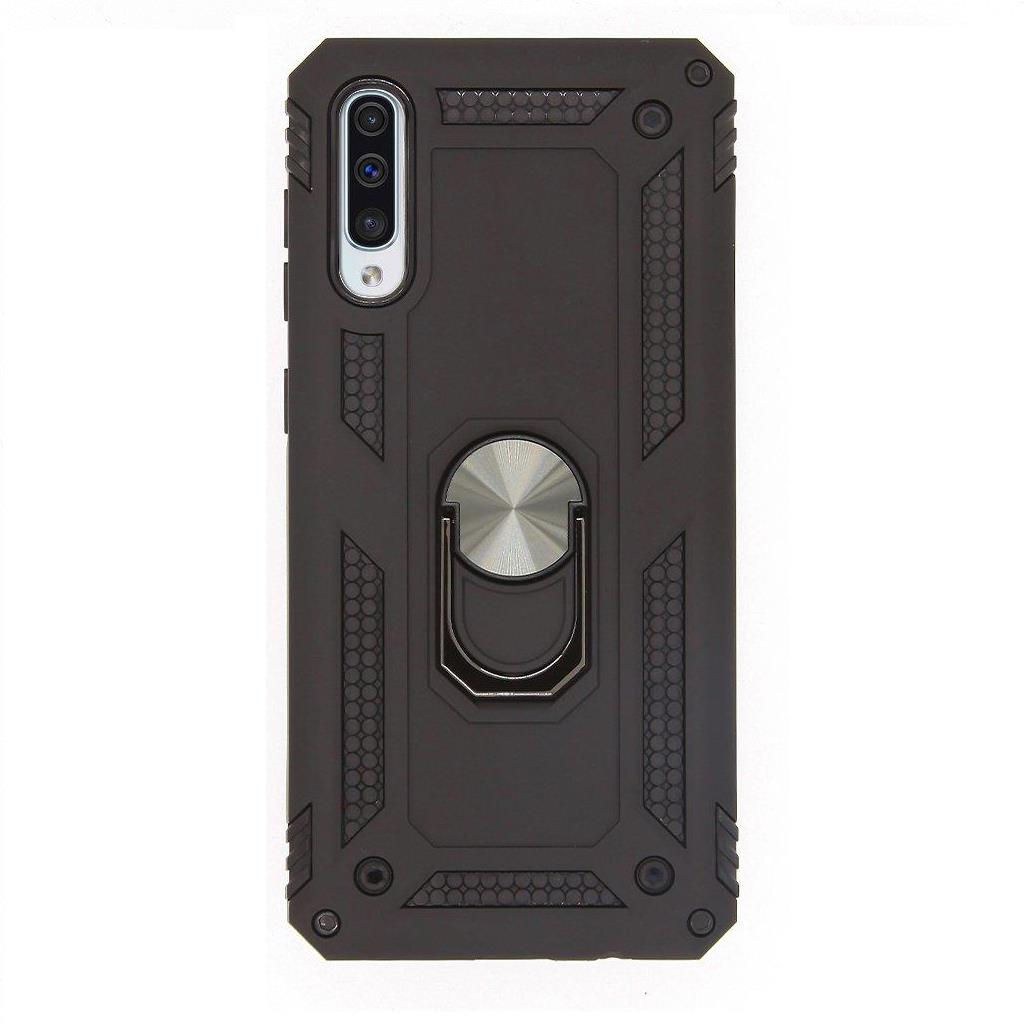 Galaxy A50 ile Uyumlu Yüzüklü Standlı Zırhlı Silikon Kılıf Siyah