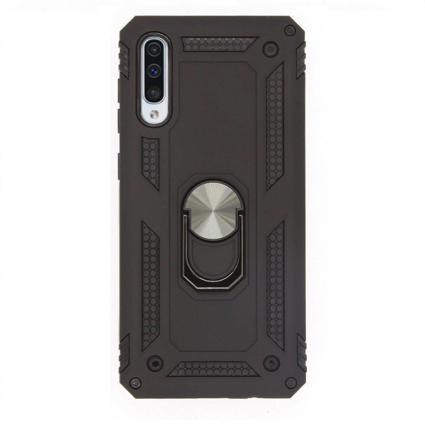 Galaxy A50 ile Uyumlu Yüzüklü Standlı Zırhlı Silikon Kılıf Siyah
