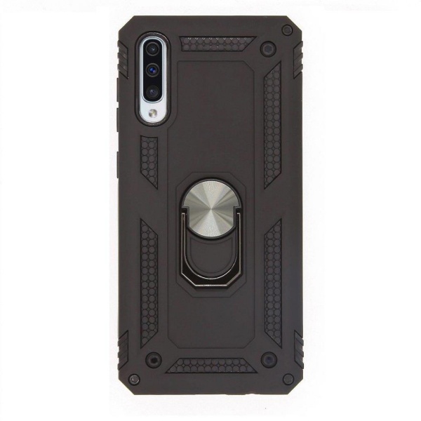 Galaxy A50 ile Uyumlu Yüzüklü Standlı Zırhlı Silikon Kılıf Siyah