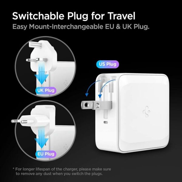 Spigen 45W USB-C Güç Adaptörü 2 Port (Akım Korumalı) 20W/45W Type-C Hızlı iPhone & Android & iPad & Macbook Şarj Cihazı Değiştirilebilir Travel ArcStation PE2010 White