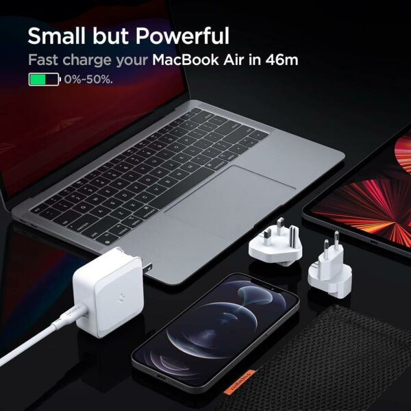 Spigen 45W USB-C Güç Adaptörü 2 Port (Akım Korumalı) 20W/45W Type-C Hızlı iPhone & Android & iPad & Macbook Şarj Cihazı Değiştirilebilir Travel ArcStation PE2010 White