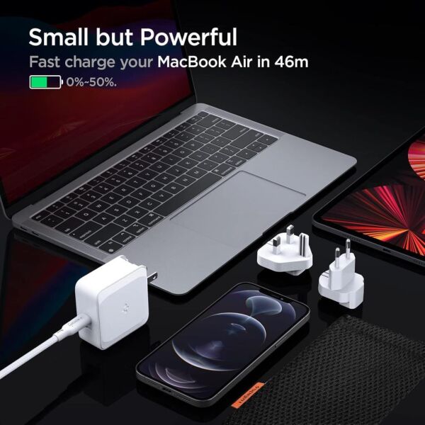 Spigen 45W USB-C Güç Adaptörü 2 Port (Akım Korumalı) 20W/45W Type-C Hızlı iPhone & Android & iPad & Macbook Şarj Cihazı Değiştirilebilir Travel ArcStation PE2010 White