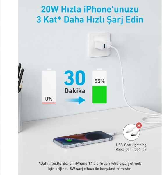 Anker 312 Hızlı Şarj Cihazı (2-Port, 20W) A2348 Beyaz