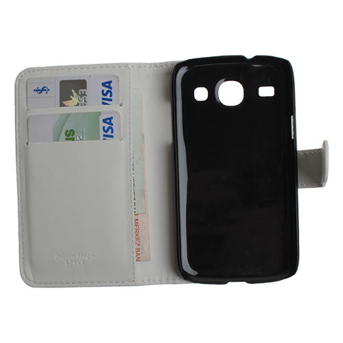 Galaxy Core i8260 ile Uyumlu Yan Kapaklı Deri Kılıf Beyaz