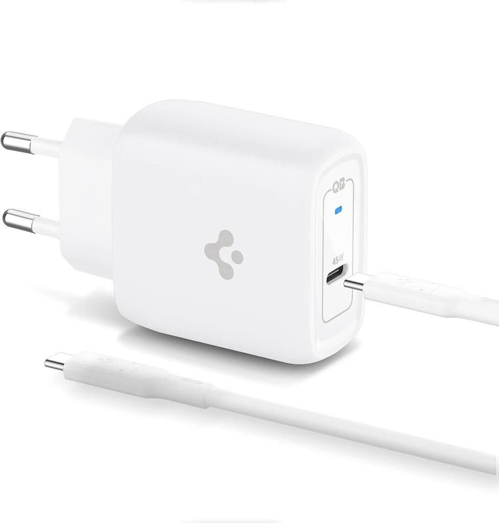 Spigen 45W USB-C Hızlı Şarj Aleti + Örgü Şarj Kablo PPS 2.0 / Isı Düşürücü GaN Akım Korumalı PD 3.0 Protokol Güç Adaptörü Super Hızlı Şarj iPhone & Android & iPad & MacBook Type-C