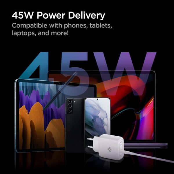 Spigen 45W USB-C Hızlı Şarj Aleti + Örgü Şarj Kablo PPS 2.0 / Isı Düşürücü GaN Akım Korumalı PD 3.0 Protokol Güç Adaptörü Super Hızlı Şarj iPhone & Android & iPad & MacBook Type-C