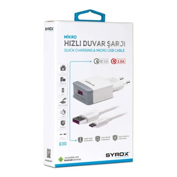 Syrox Micro USB Hızlı Şarj Cihazı 3A Q30 Beyaz