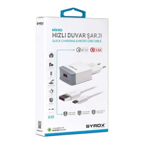 Syrox Micro USB Hızlı Şarj Cihazı 3A Q30 Beyaz