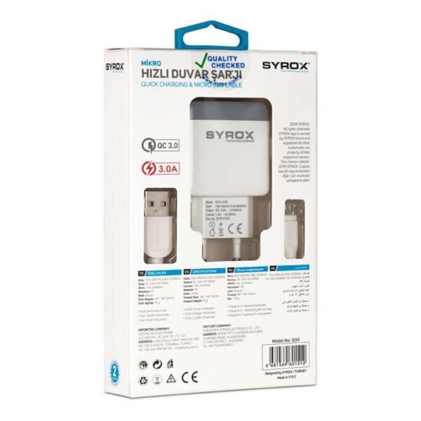 Syrox Micro USB Hızlı Şarj Cihazı 3A Q30 Beyaz