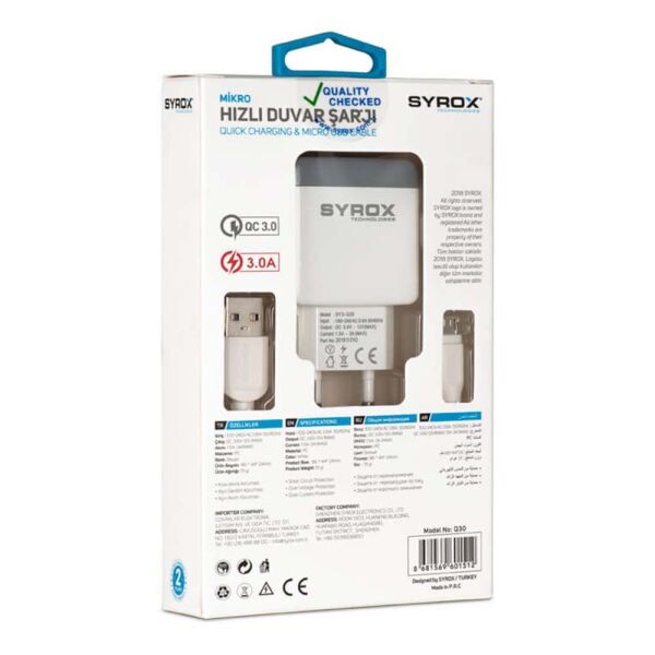 Syrox Micro USB Hızlı Şarj Cihazı 3A Q30 Beyaz