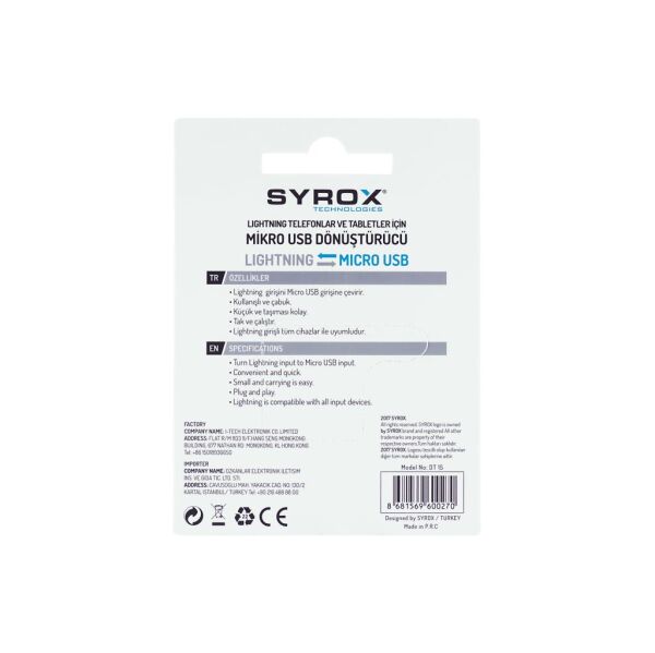 Syrox Lightning Micro USB Dönüştürücü DT15 Gümüş