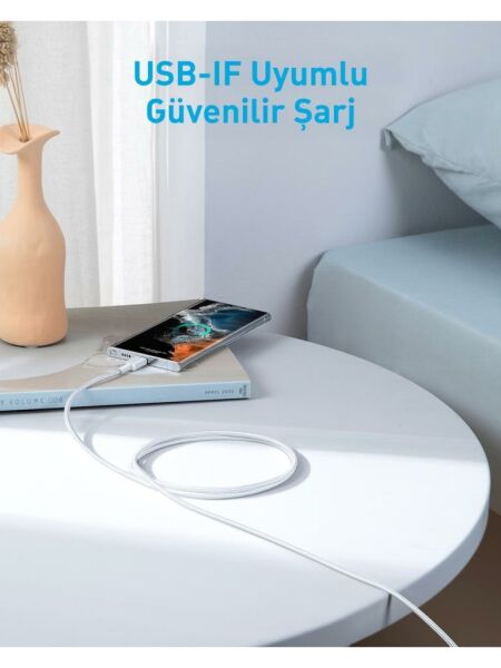 Anker 322 PowerLine USB-C to USB-C Örgülü Kablo 3ft/0.9m 60W - Beyaz