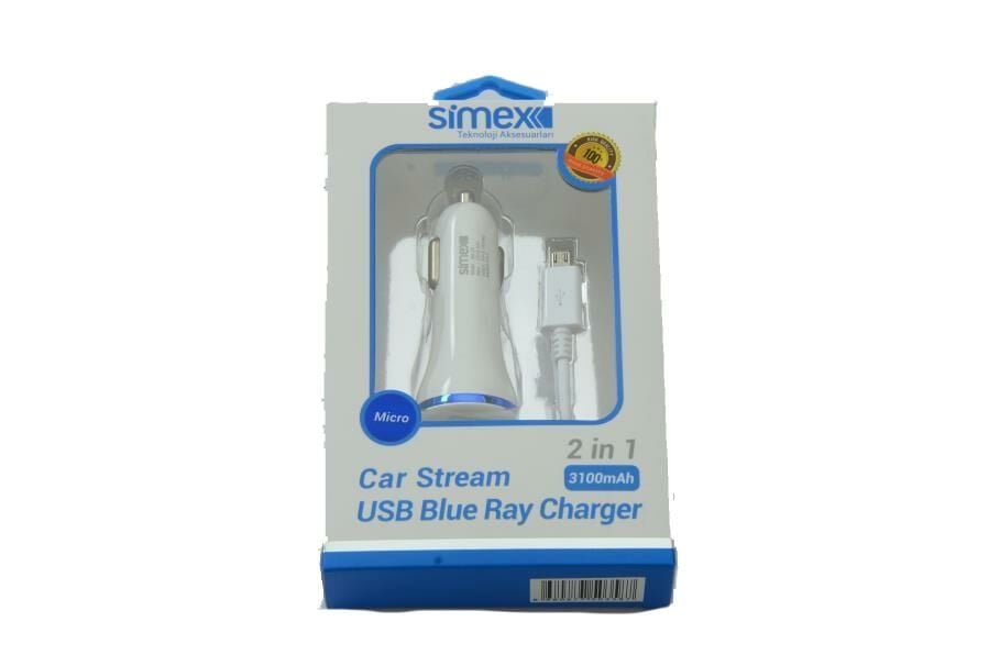 Simex Micro 3.1 mAh Blue Ray Kablolu 2 USB'li Araç İçi Şarj Cihazı Beyaz SM-20
