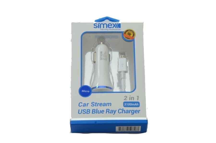 Simex Micro 3.1 mAh Blue Ray Kablolu 2 USB'li Araç İçi Şarj Cihazı Beyaz SM-20