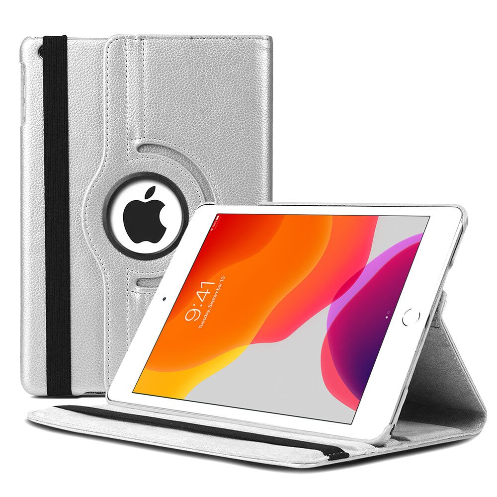 iPad 10.2 (7. Nesil) ile Uyumlu 360 Derece Dönebilen Deri Kılıf Gümüş