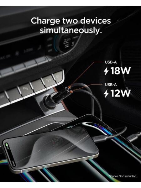 Spigen 30W USB-A 2 Port Araç içi Hızlı Şarj Aleti 18W + 12W Akım Korumalı Güç Adaptörü iPhone & Android & iPad Type-C PD EV302 - ACP08700