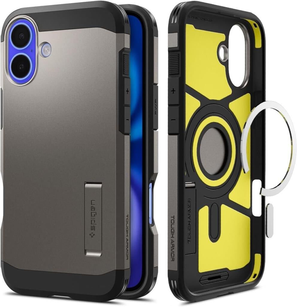 Spigen iPhone 16 Plus ile Uyumlu Kılıf Tough Armor Al MagFit MagSafe Özellikli Gun Metal