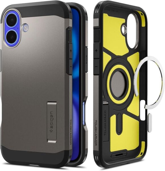 Spigen iPhone 16 Plus ile Uyumlu Kılıf Tough Armor Al MagFit MagSafe Özellikli Gun Metal